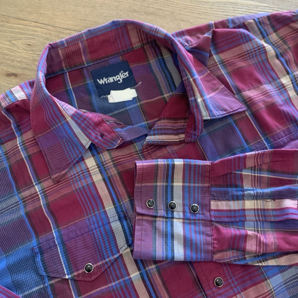 VTG‎ Wrangler Men's Western Cowboy Pearl Snap Shirt XL Purple Plaid Long Sleeve
